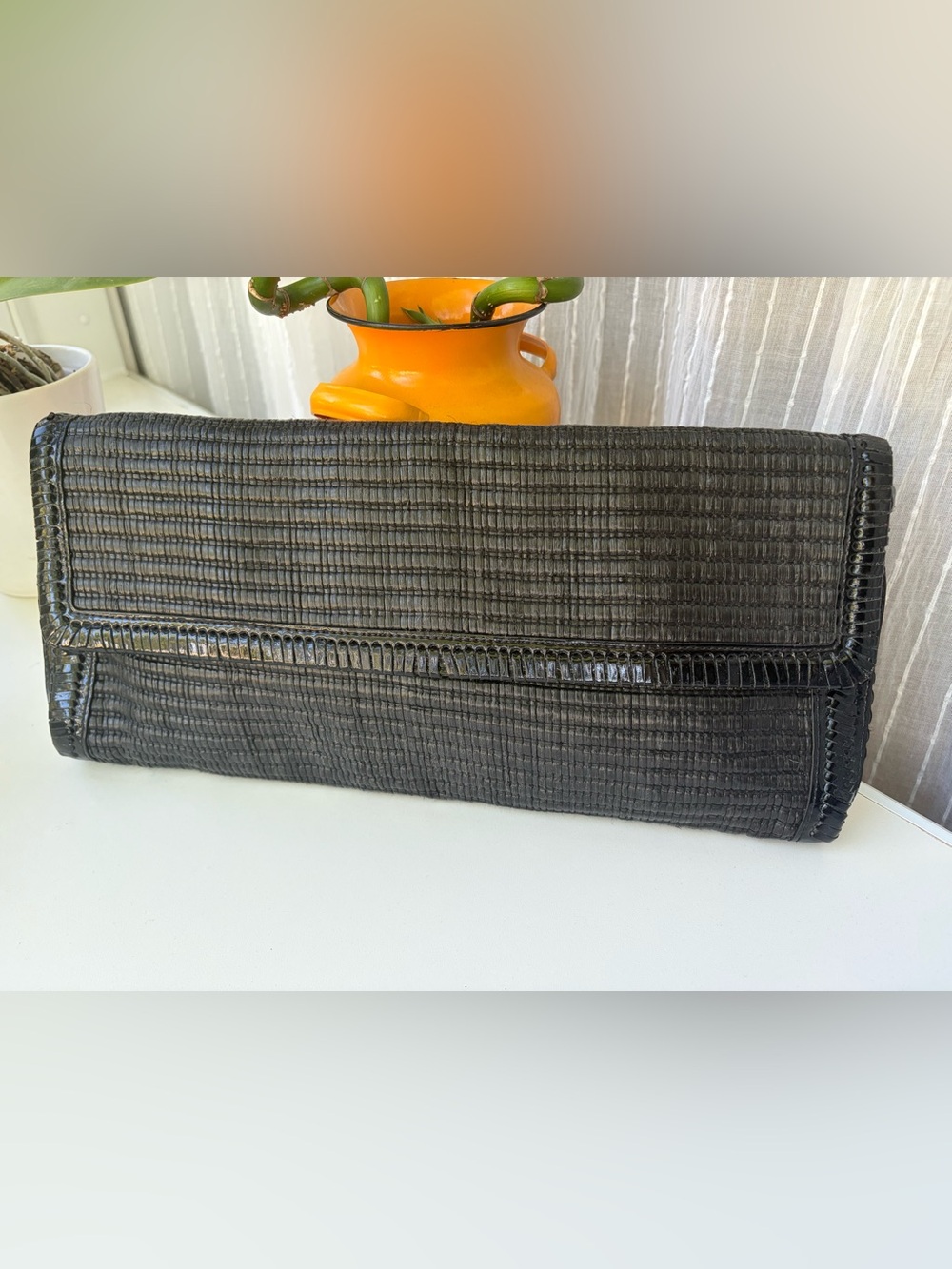7 For All Mankind Black Woven Clutch Bag Large 15x7 Boho Quiet Luxury Y2K Purse
